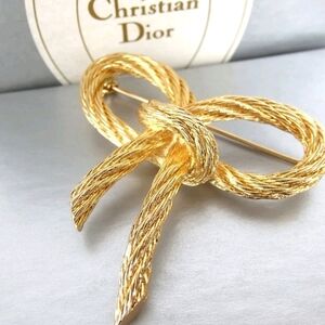 Rare Vintage Christian Dior Gold Tone Rope Bow Brooch Pin Germany w/ Dior Dusty